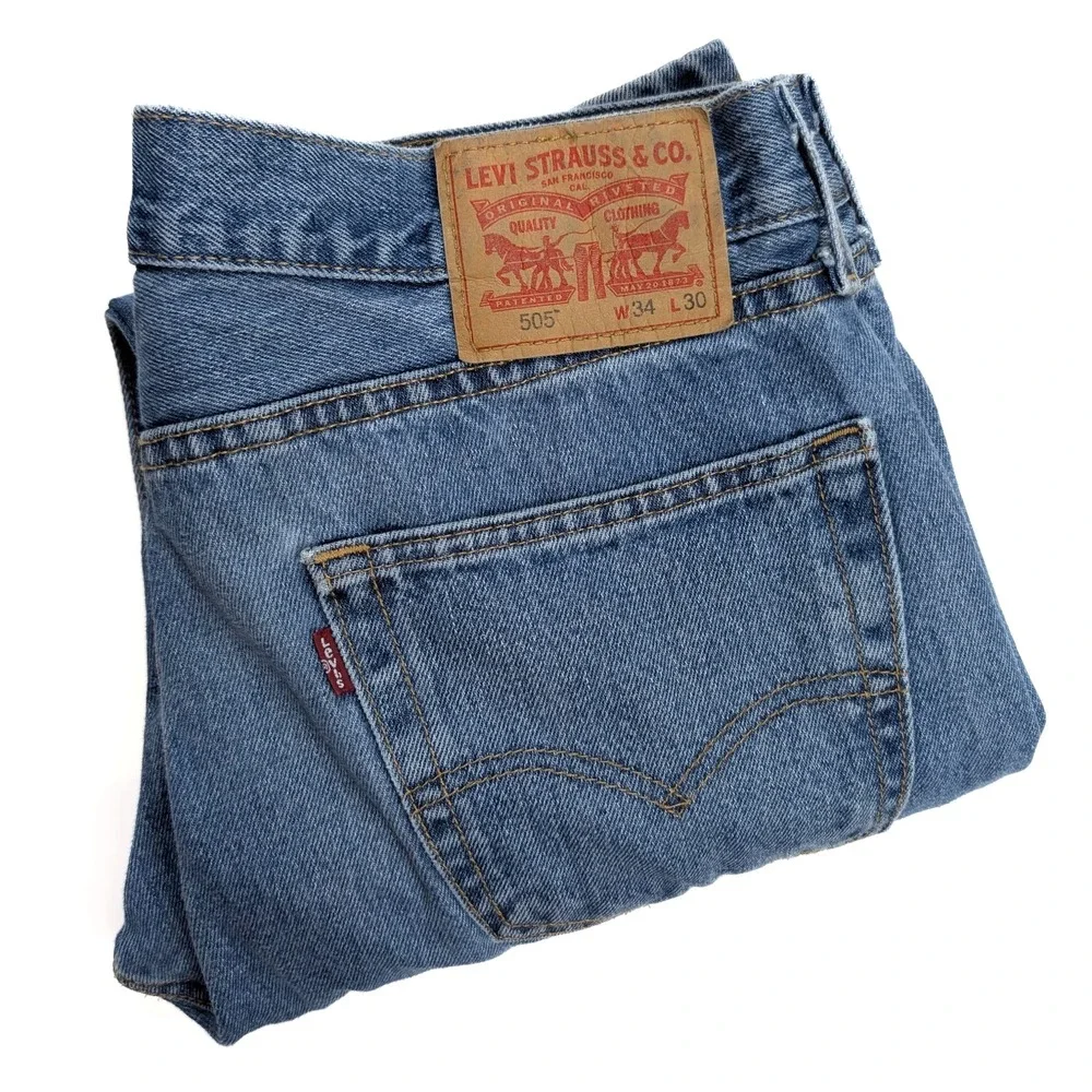 Levi's 505 Regular Fit Blue Denim Straight Leg Distressed Jeans Men's Size 34x30